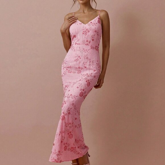 Pink Elegant Womens Romantic V-Neck Suspender Maxi Dress - Picture 1 of 7